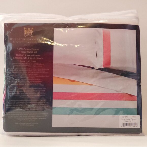 Hudson’s Bay Stripes Flannel Queen Bed Sheet Set, White BNIP 💚❤️💛💙 - Picture 2 of 6